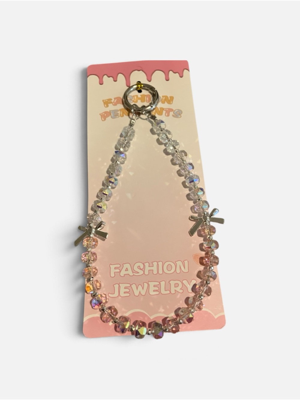 Pink Iridescent Beaded Bracelet with Silver Cross Charms
